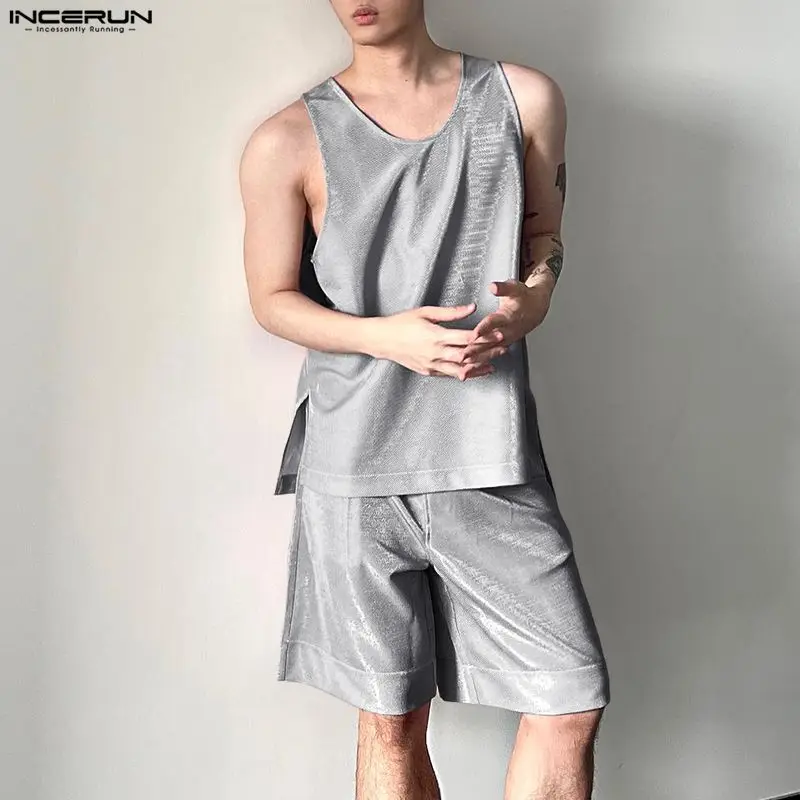 Mens Fashion Summer - INCERUN Męskie Komplety Błyszczące Gładkie Bezrękawniki