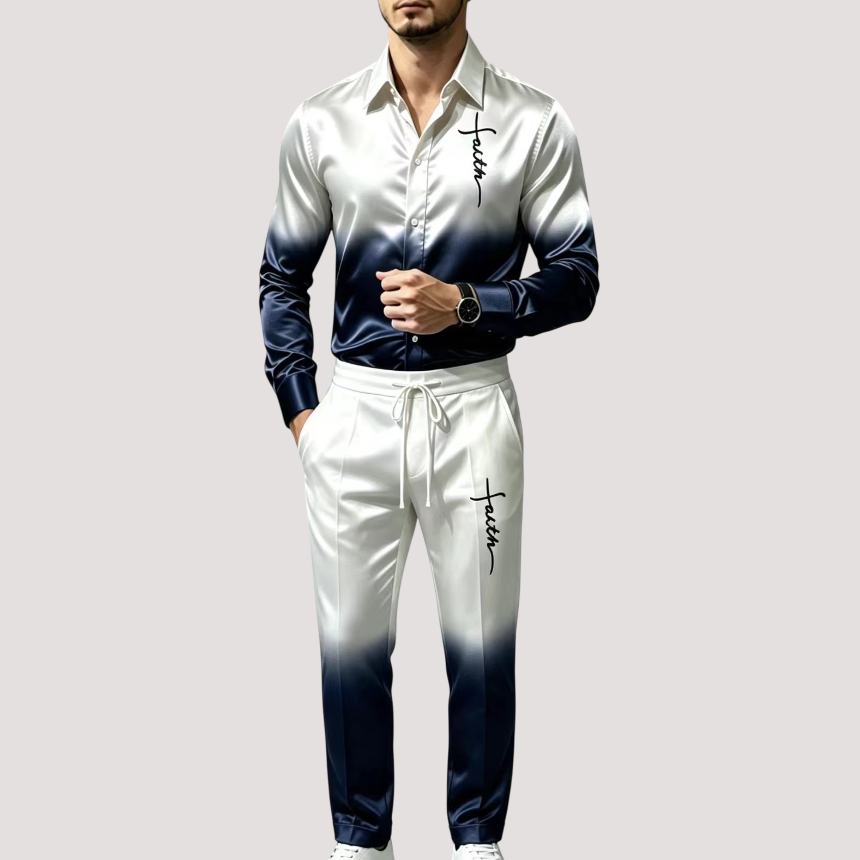 Mens Fashion Clothes - Męski satynowy jedwabny komplet sportowy dwuczęściowy,